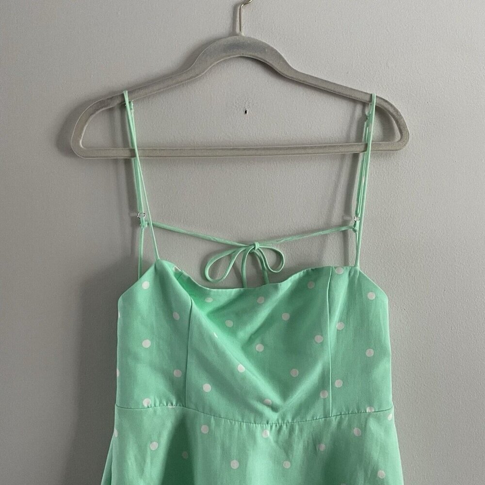 Zara XL Green Polka Dot Linen Blend Square Neck Strappy Tie Back Mini Dress NWT - Picture 4 of 11